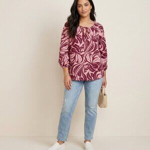 NWT Terra & Sky Tie Front Peasant Blouse Retro Mauve Floral Plus Size 0X 14W